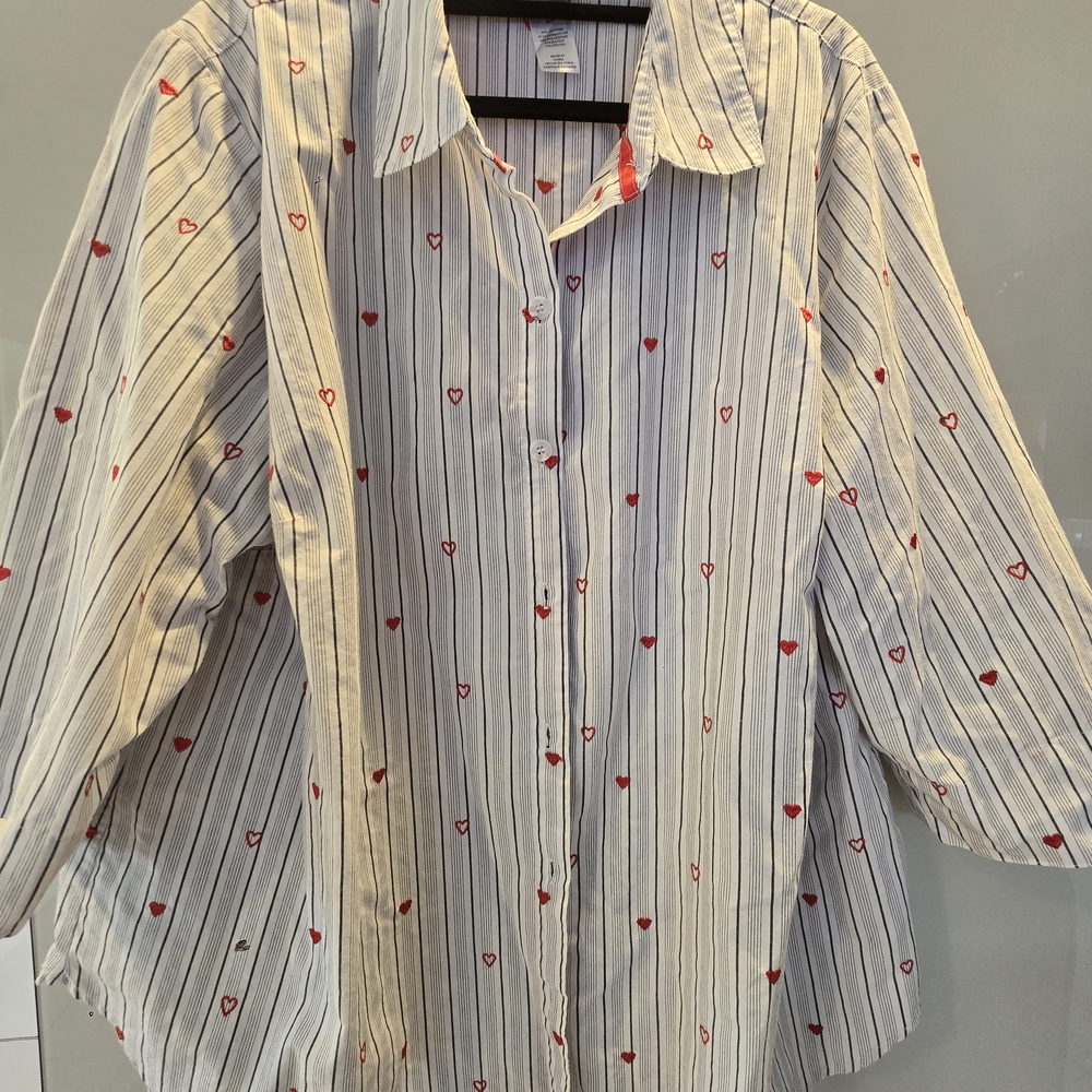 Alfred Dunner White Striped Shirt with Red Heart Accents